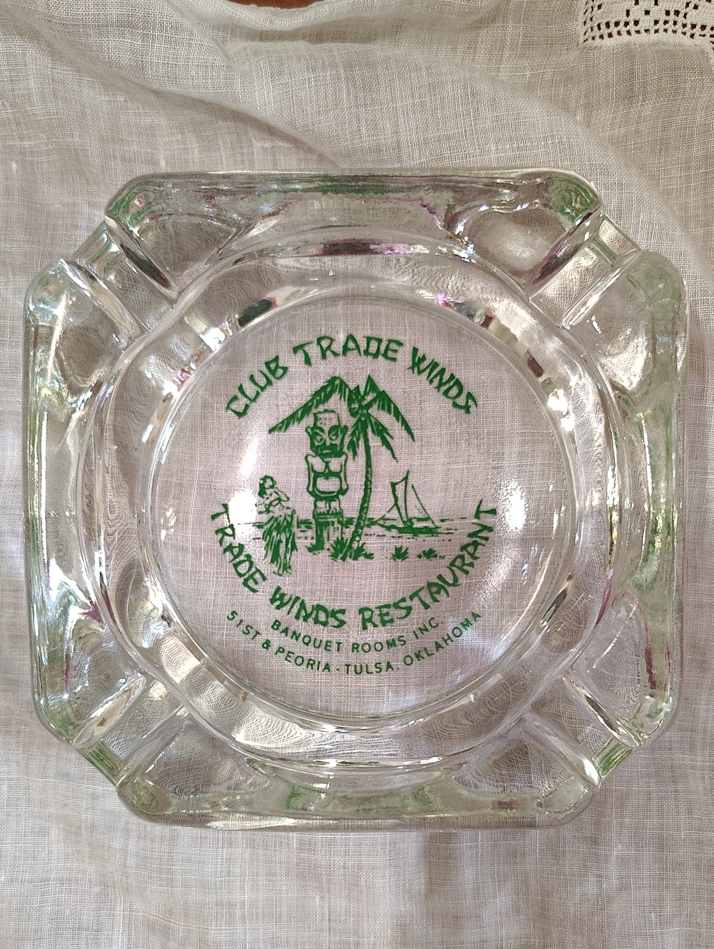 Club Trade Winds Glass Ashtray 3.75" Polynesian Tiki Motif Tulsa, OK